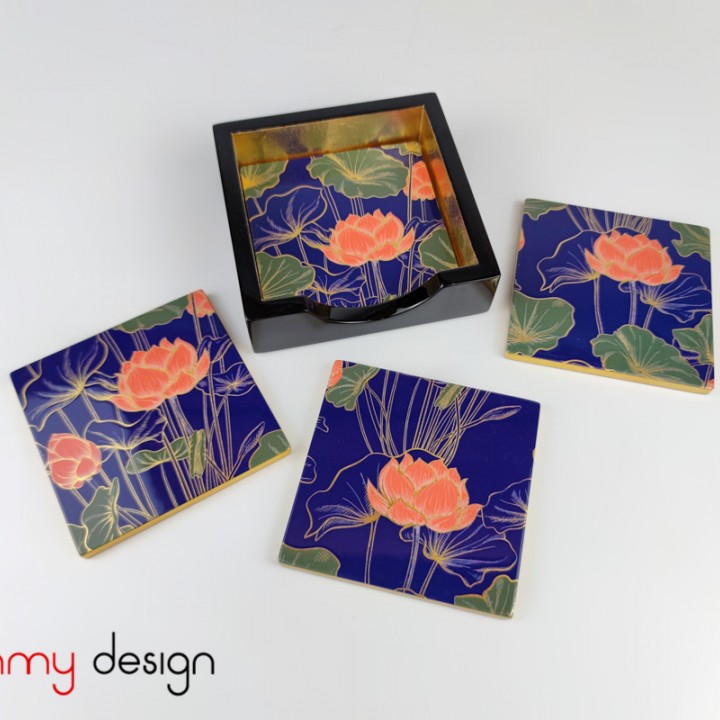 Set of 4 lotus coasters with box (Gold-edged leaf branches)